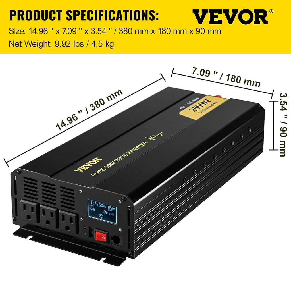 2500 Watt Pure Sine Wave Power Inverter, DC 12V to AC 120V, with USB Port and Remote Controller G627