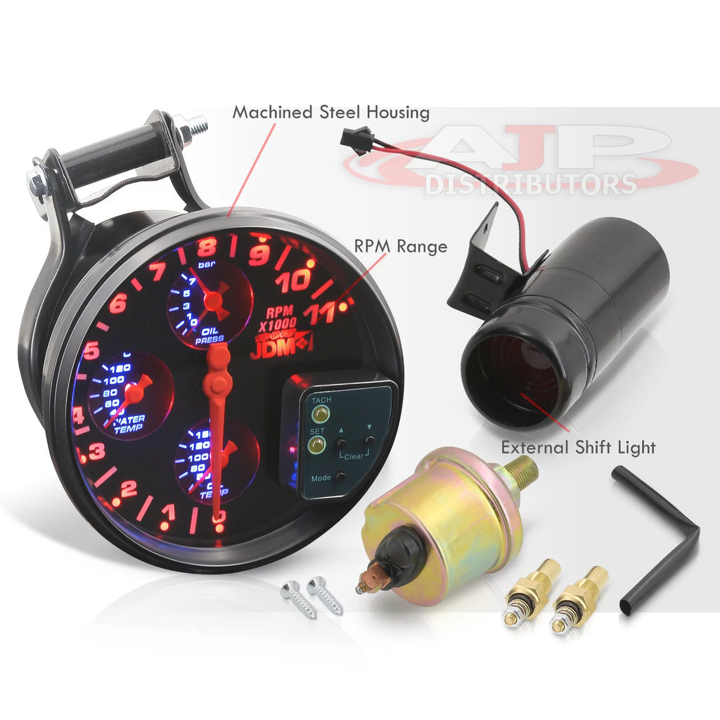 5" Black Face 4-in-1 Tachometer Gauge with Oil Water Temperature Pressure J15089
