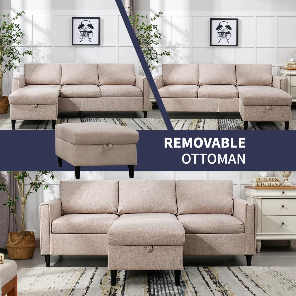 Beige L-Shape Convertible Sectional Sofa with Storage Ottoman I125364