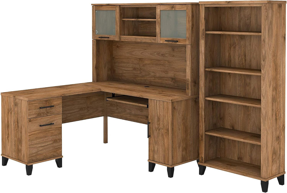 L Shaped Desk with Hutch and 5 Shelf Bookcase J471