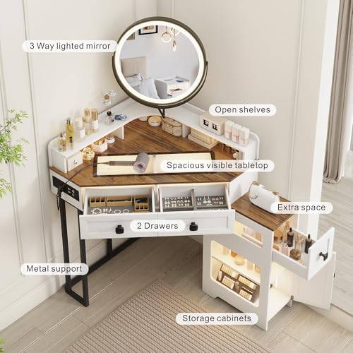 White Glass Top Corner Vanity Desk with Mirror and Lights, 4 Drawers Z466713