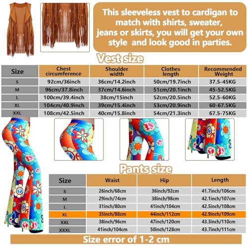 7 Pcs Hippie Costume Set with Flared Pants Fringe Vest Peace Sign Accessories S4542