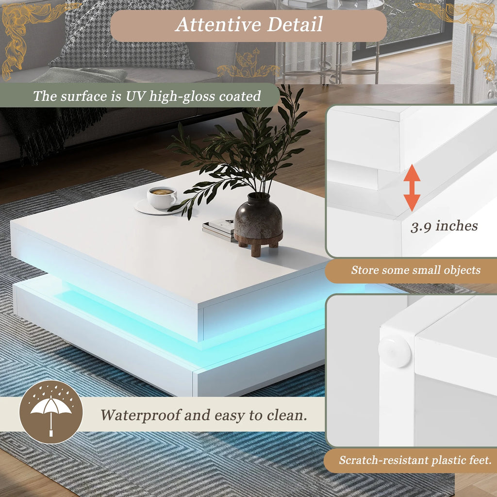 31.5" 2-Tier Square LED Coffee Table White High Gloss Finish X17720