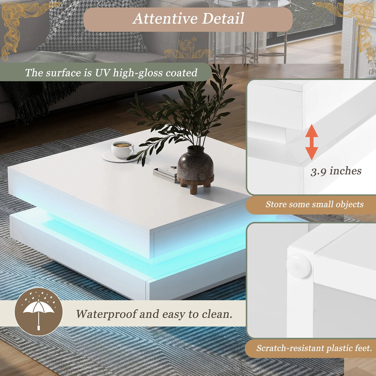 31.5" 2-Tier Square LED Coffee Table White High Gloss Finish X17720