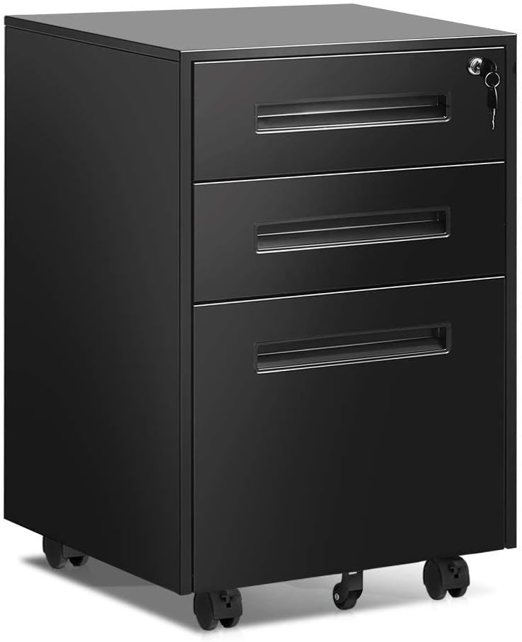 Black 3 Drawer Rolling Metal File Cabinet with Lock Y777