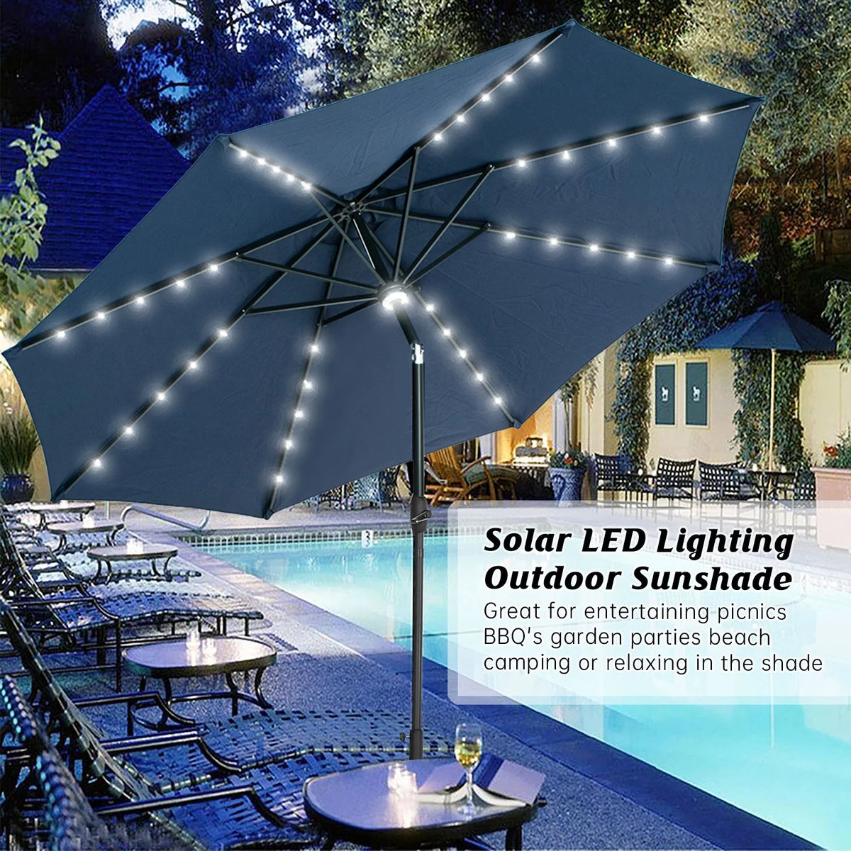 10 ft Solar Patio Umbrella with 40 LED Lights, Steel Tilt Crank, Navy Blue I168