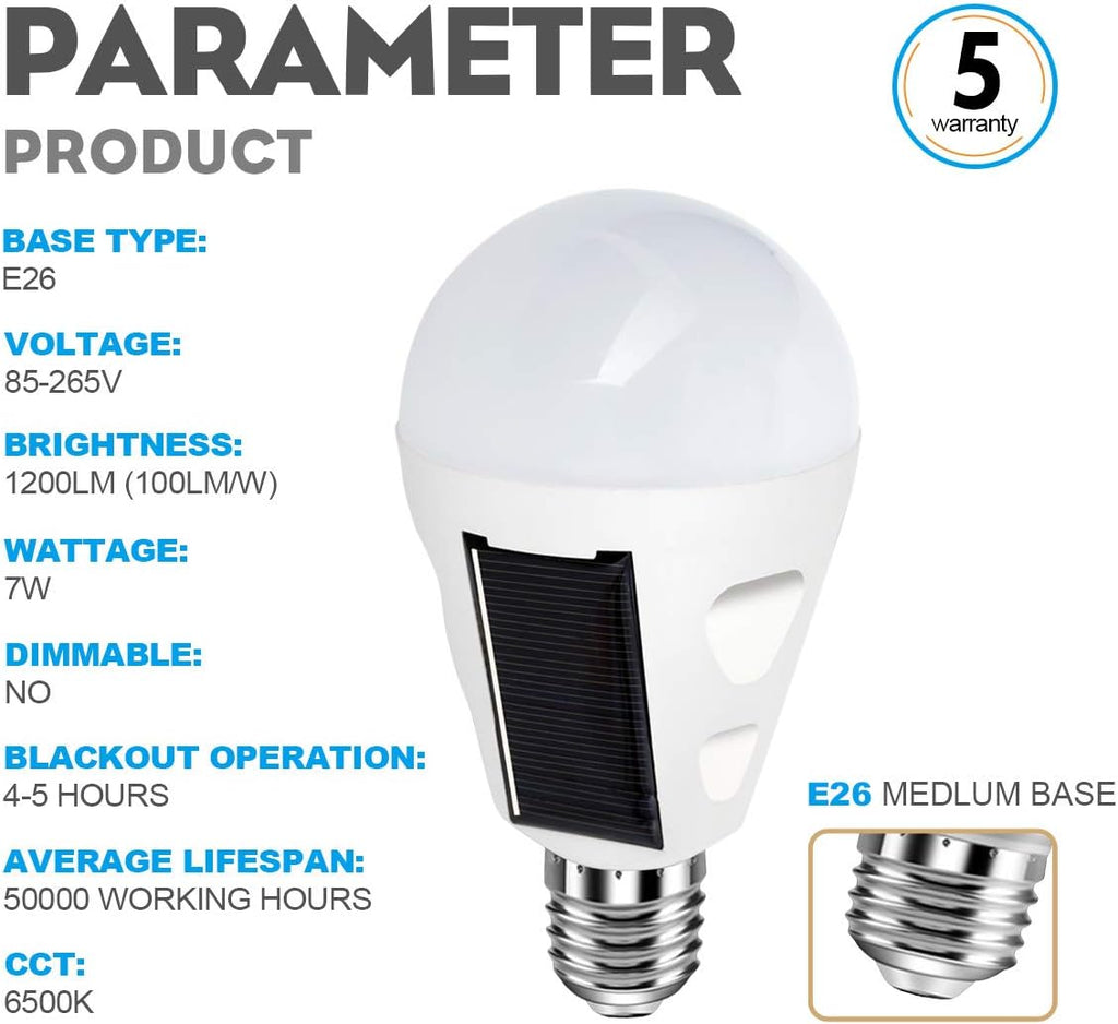 4 Pack LED Solar Rechargeable Emergency Light Bulbs, E26/E27 7W 6000k O618633