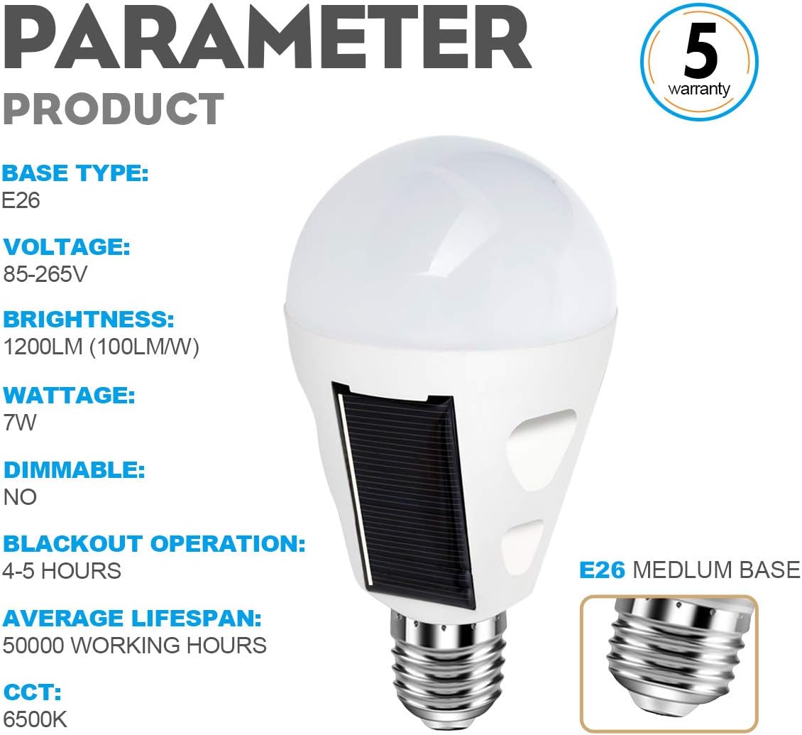 4 Pack LED Solar Rechargeable Emergency Light Bulbs, E26/E27 7W 6000k O618633