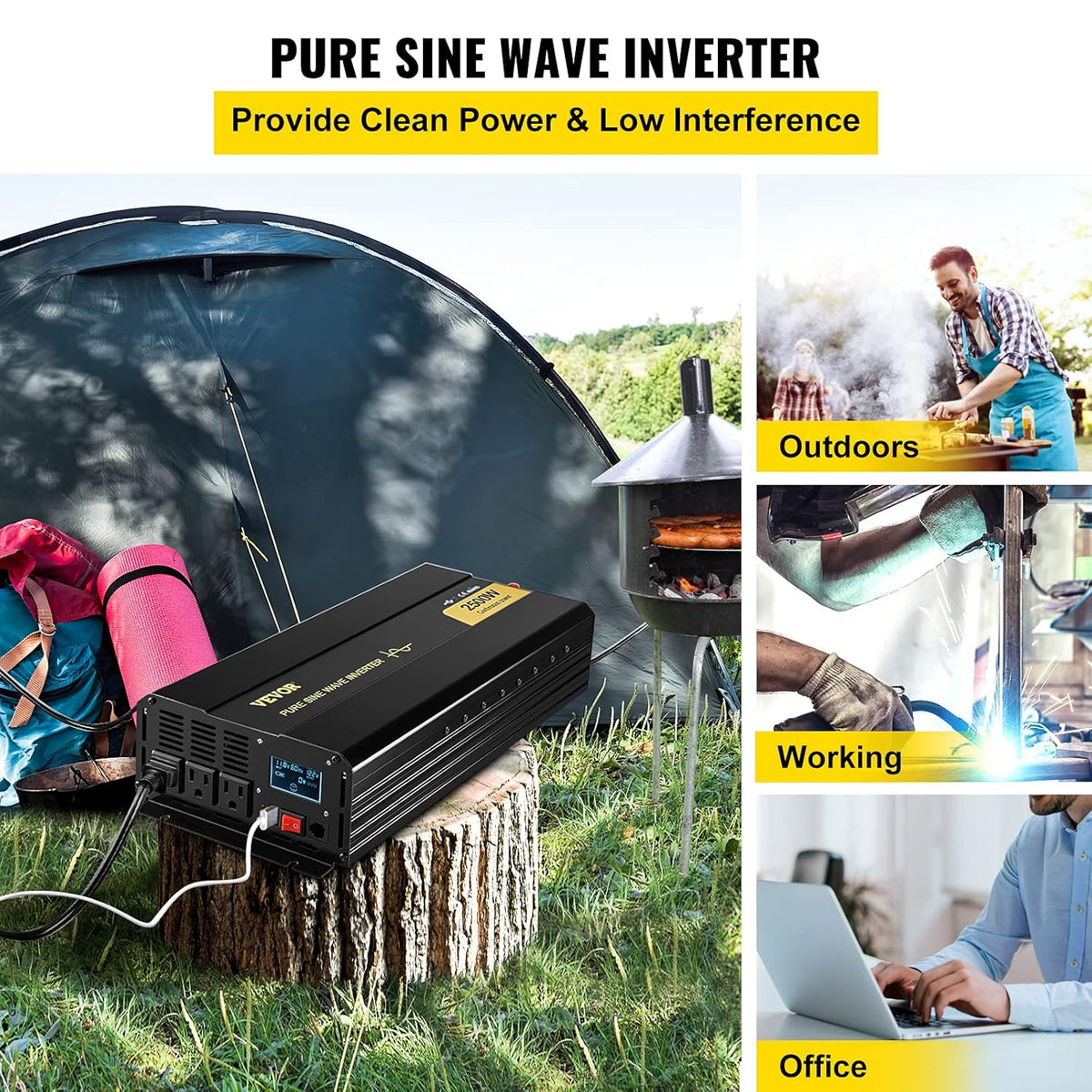 2500 Watt Pure Sine Wave Power Inverter, DC 12V to AC 120V, with USB Port and Remote Controller G627