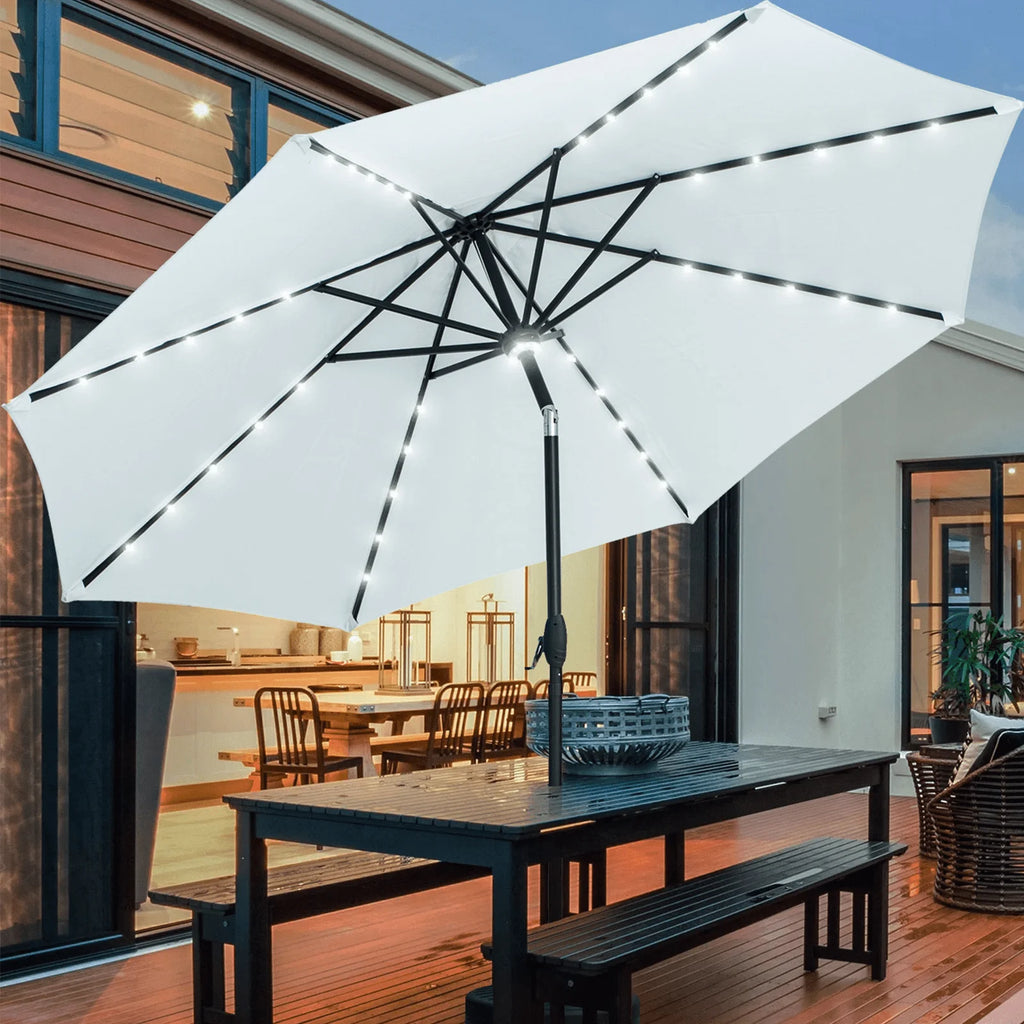 10 ft Solar Patio Umbrella with 40 LED Lights, Steel Tilt Crank, Navy Blue I168