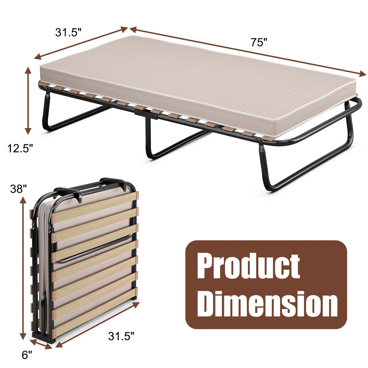 Portable Folding Guest Bed Cot with Memory Foam Mattress Twin Size F629