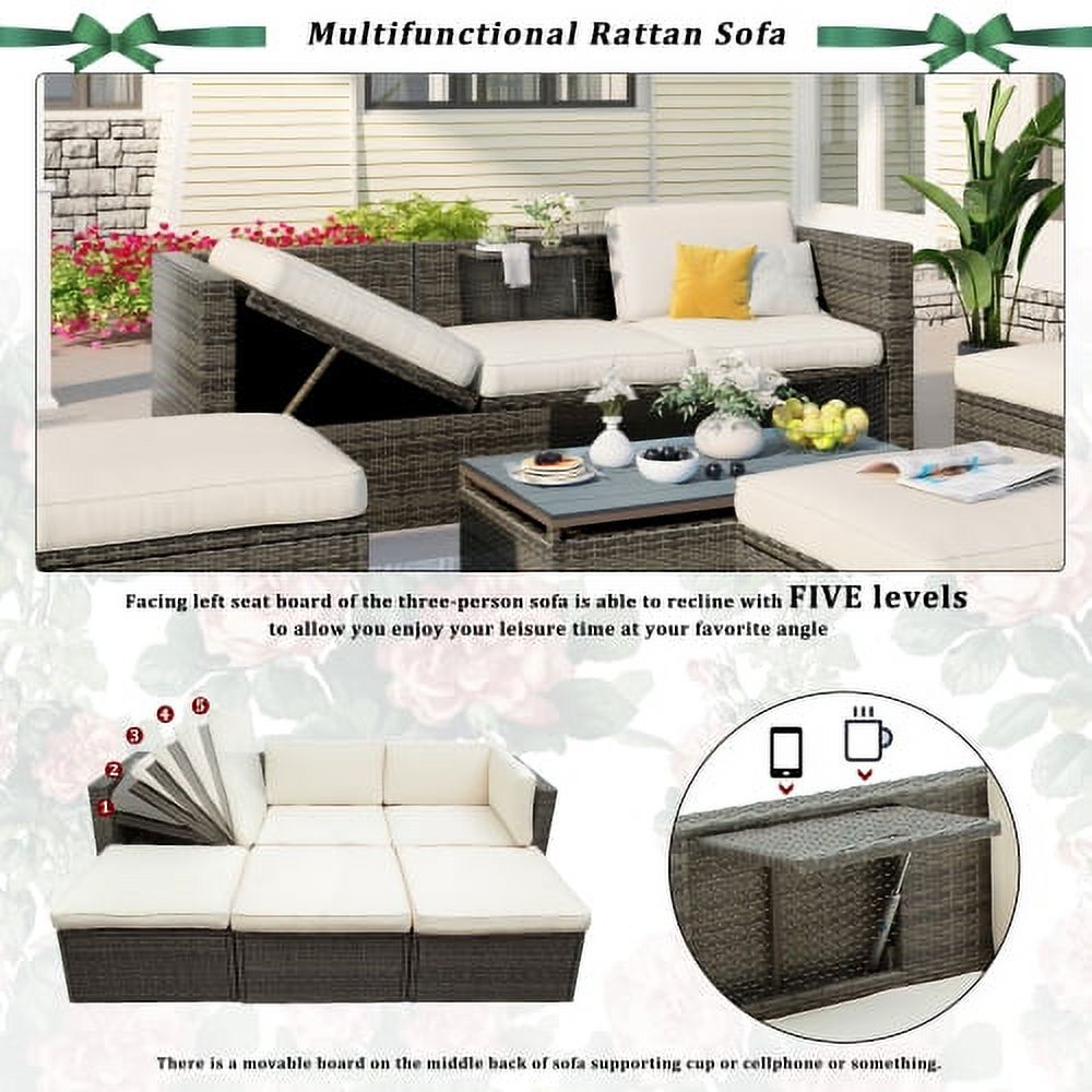 5-Piece Patio Wicker Sofa with Ottomans and Lift Top Coffee Table X7341