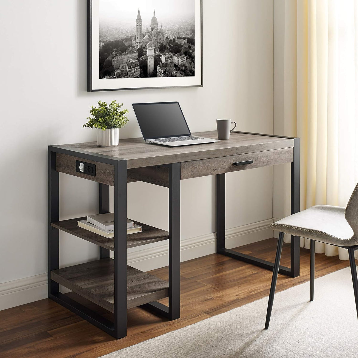 48 Inch Grey Wash Computer Gaming Desk with Drawer and Electrical Outlet K664