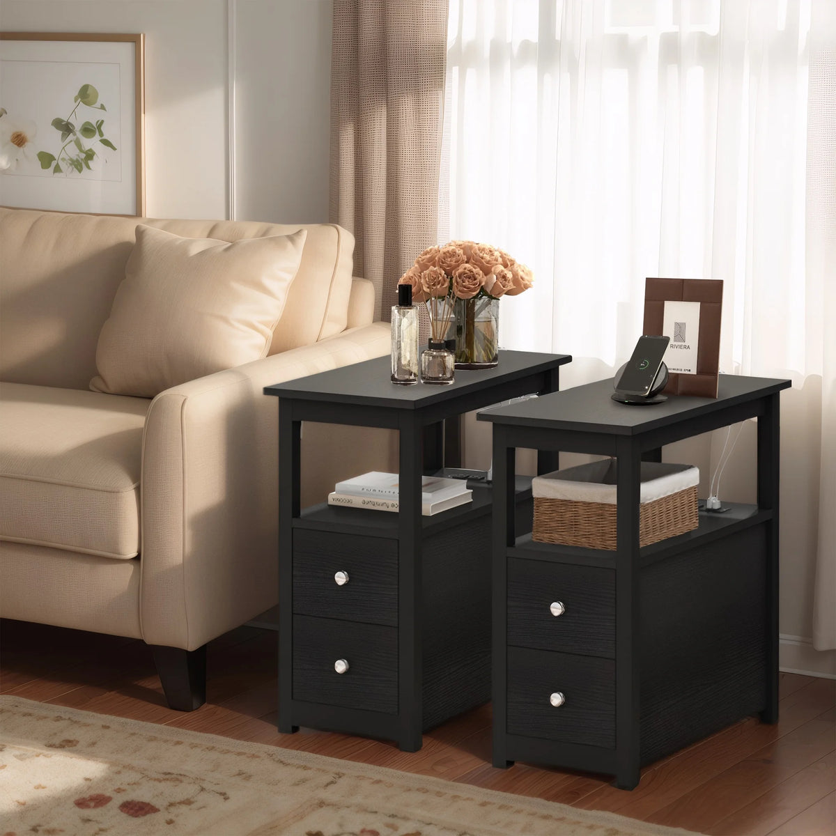 Set of 2 Narrow End Table with Charging Station and 2 Drawers F78212