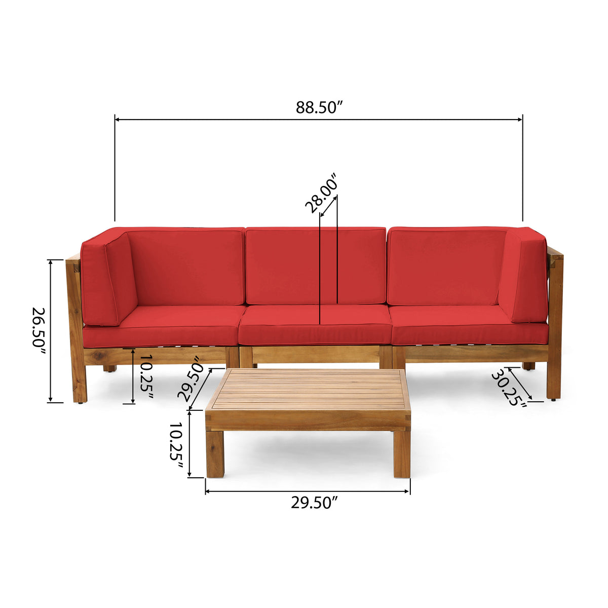 Red and Teak Acacia Wood Sofa and Coffee Table Set T755