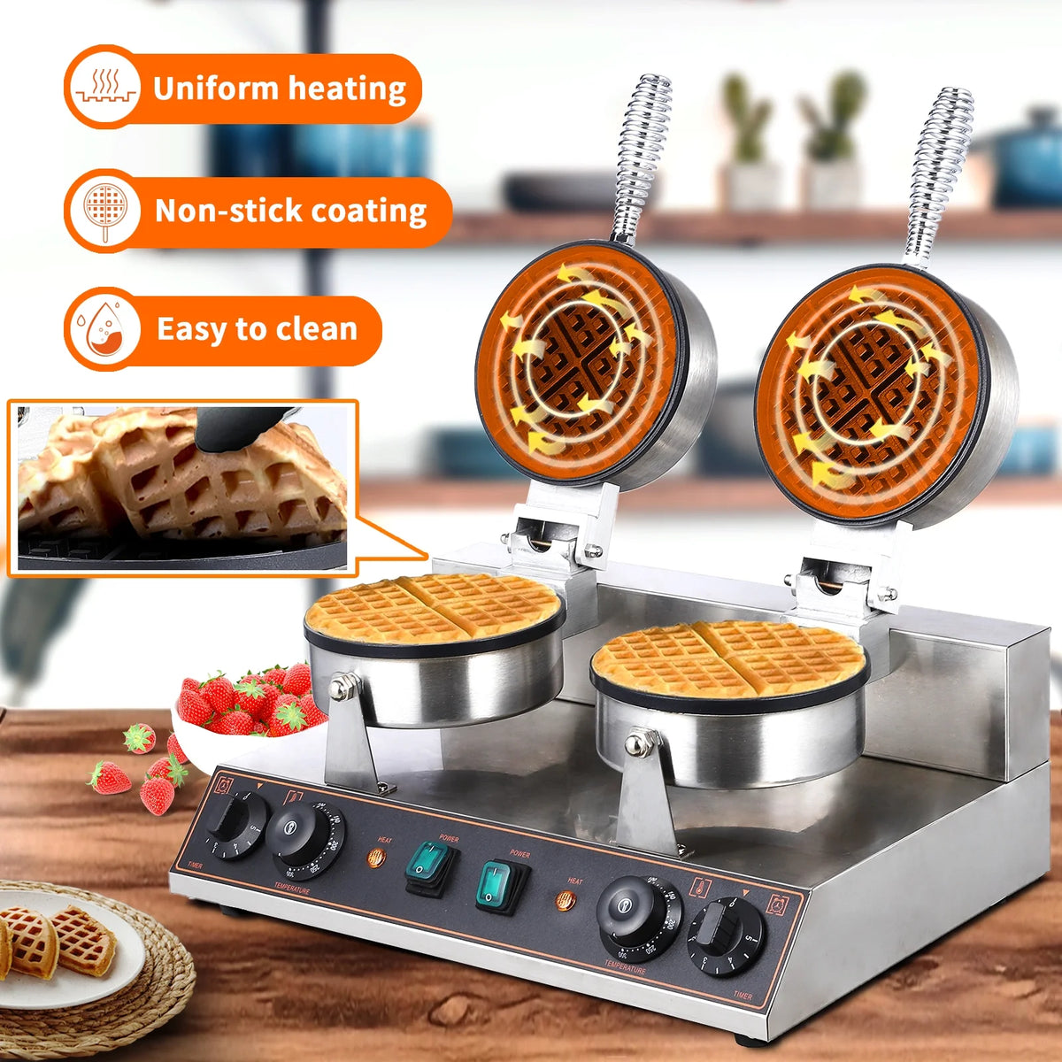 Stainless Steel Double-Ended Waffle Maker with Non-Stick Pan G996690