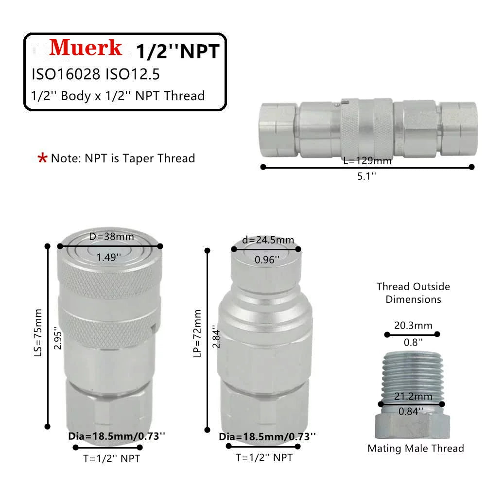 1/2" NPT Flat Face Hydraulic Quick Connect Couplers Set with Dust Caps B83664