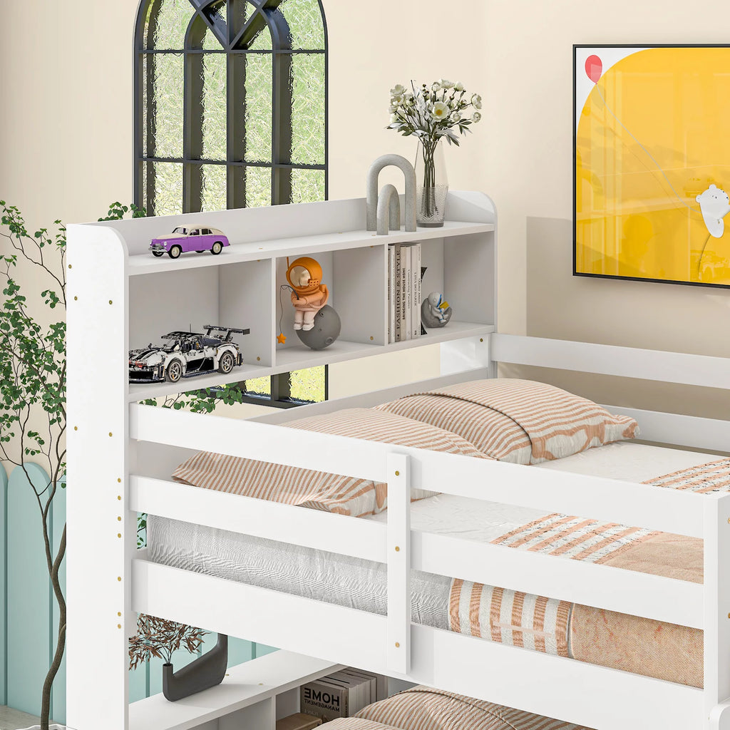 Full Over Full Bunk Beds with Bookcase Headboard, Solid Wood Bed Frame with Safety Rail and Ladder, White W257338