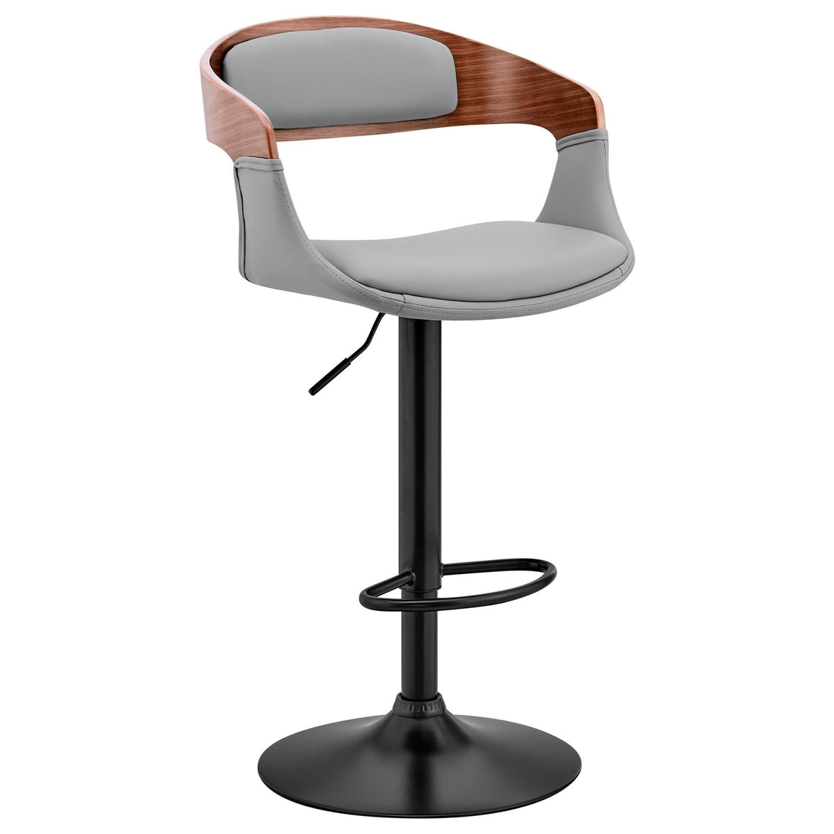 Gray Faux Leather and Walnut Wood Bar Stool with Black Base V4667