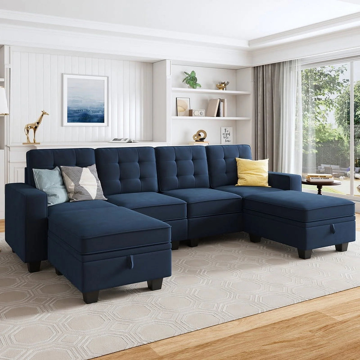 Dark Blue U-Shaped Sectional Sofa with Reversible Chaises and Storage Ottomans J483353