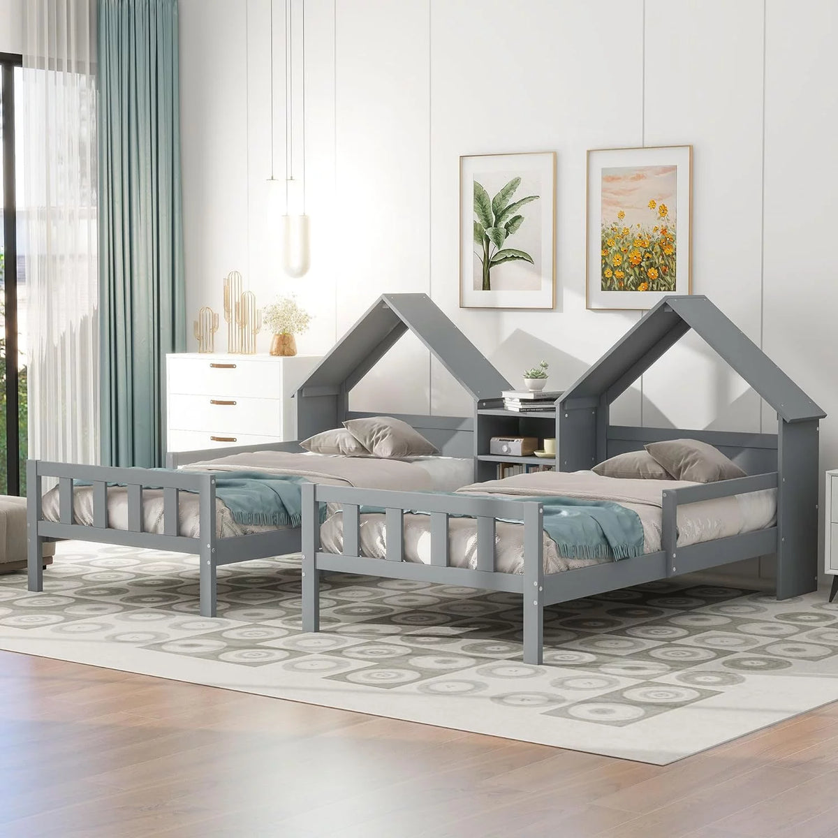 Double Size Platform Bed with House-Shaped Headboard and Built-In Nightstand, Grey Z119