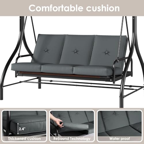 3-Seat Outdoor Patio Porch Swing with Adjustable Canopy & Backrest W929059