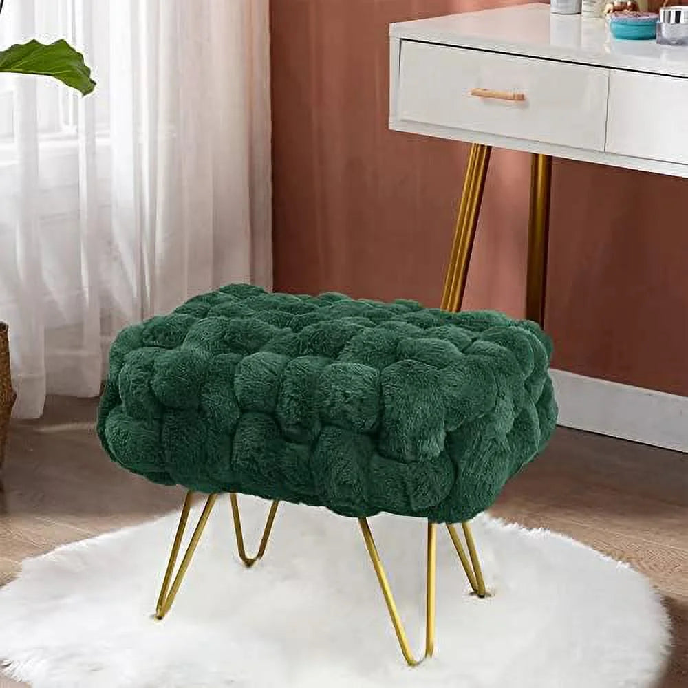 Pink Soft Faux Ottoman Fuzzy Bench Seat 27"x20"x19" Sturdy Accent Coffee Table Fluffy Shoe Stool with Golden Legs P4672