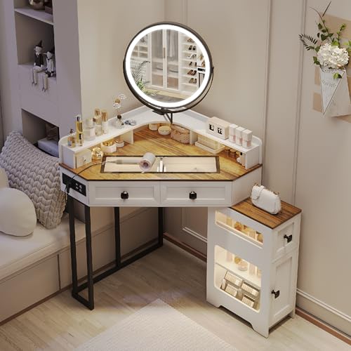 White Glass Top Corner Vanity Desk with Mirror and Lights, 4 Drawers Z466713