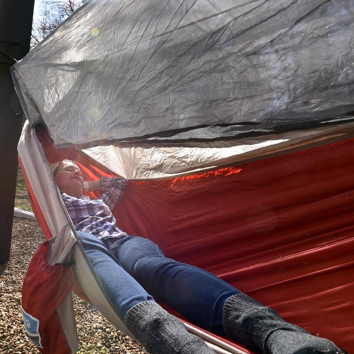 Nylon Mosquito Hammock with Attached Bug Net, 1 Person Red and Taupe, 115" L x 59" W E992