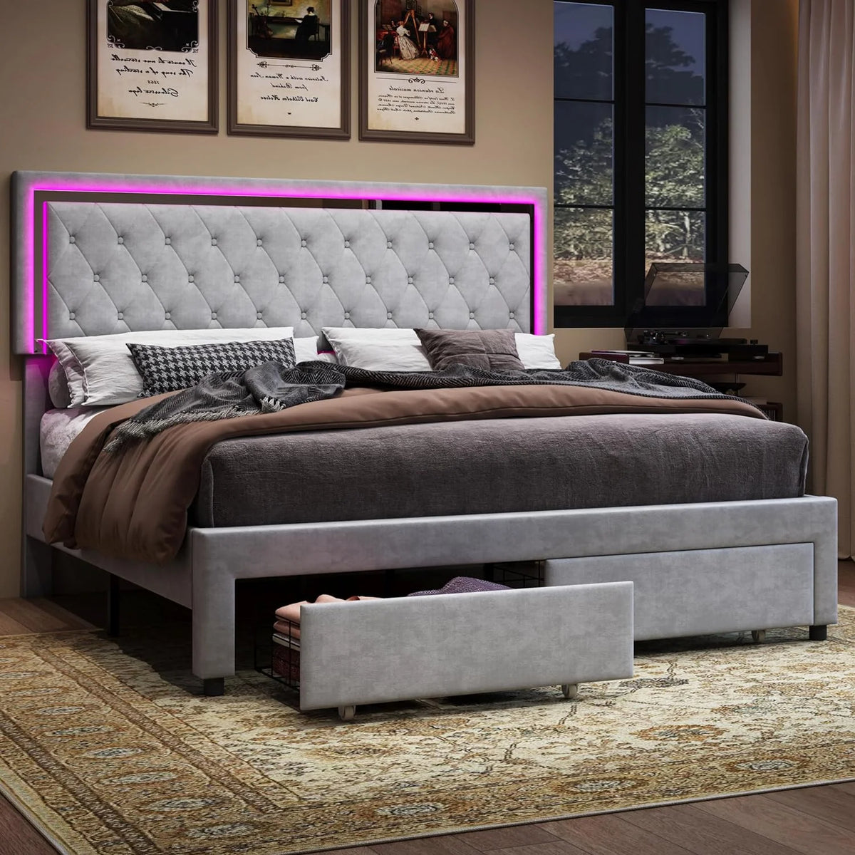 Queen Size Velvet Upholstered Platform Bed with Storage Drawers I192