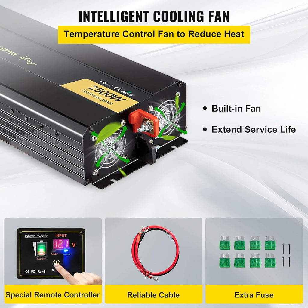 2500 Watt Pure Sine Wave Power Inverter, DC 12V to AC 120V, with USB Port and Remote Controller G627
