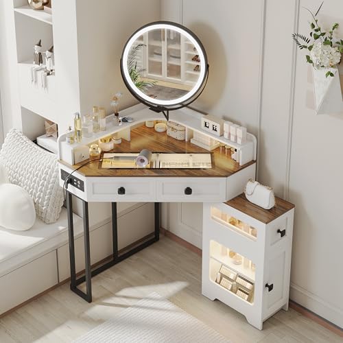White Glass Top Corner Vanity Desk with Mirror and Lights, 4 Drawers Z466713