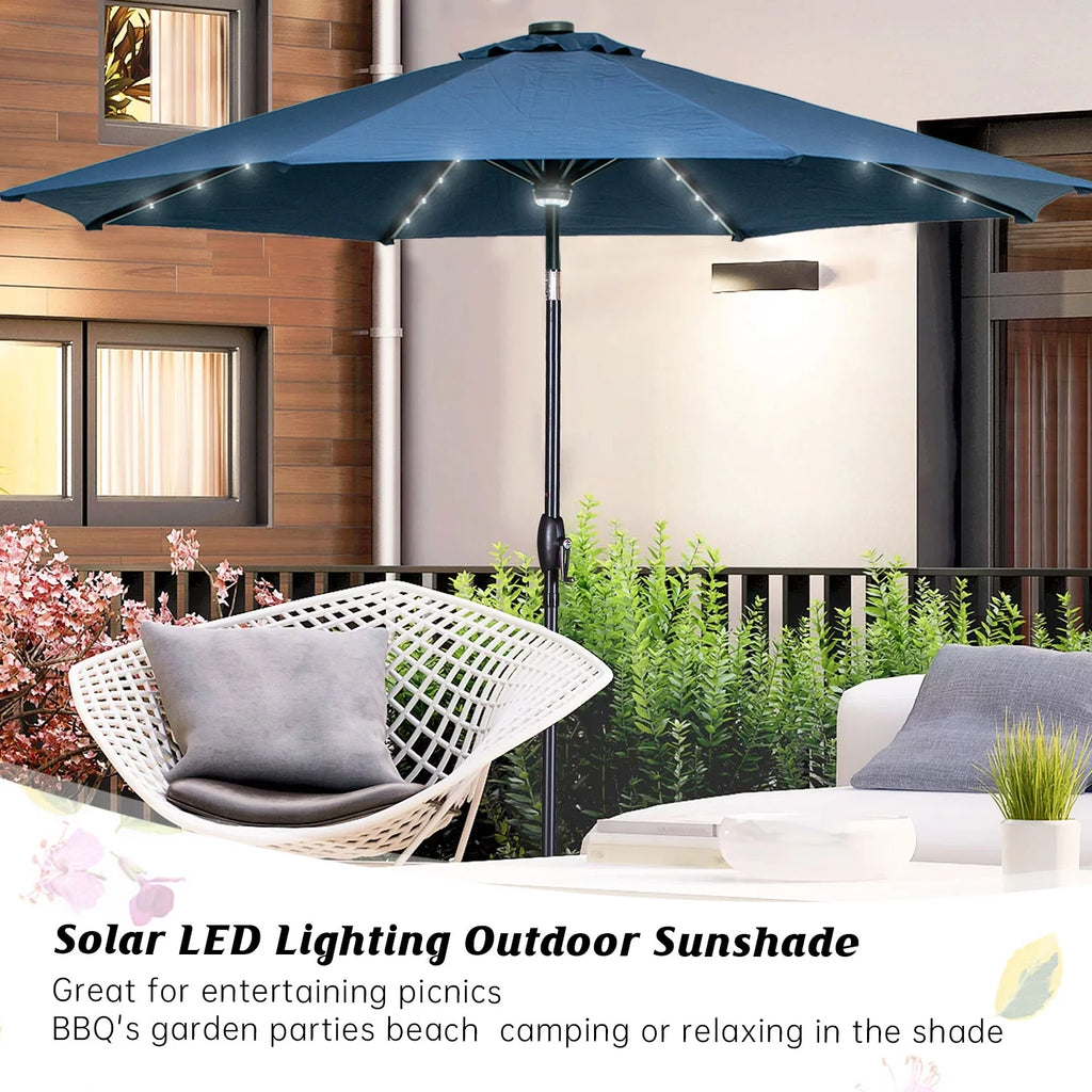 10 ft Solar Patio Umbrella with 40 LED Lights, Steel Tilt Crank, Navy Blue I168