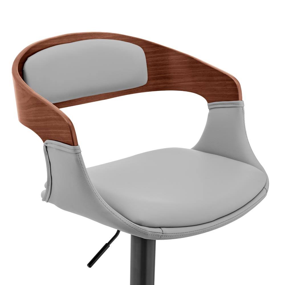 Gray Faux Leather and Walnut Wood Bar Stool with Black Base V4667