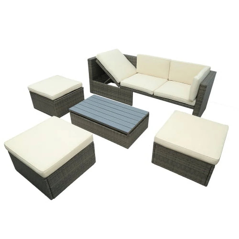 5-Piece Patio Wicker Sofa with Ottomans and Lift Top Coffee Table X7341