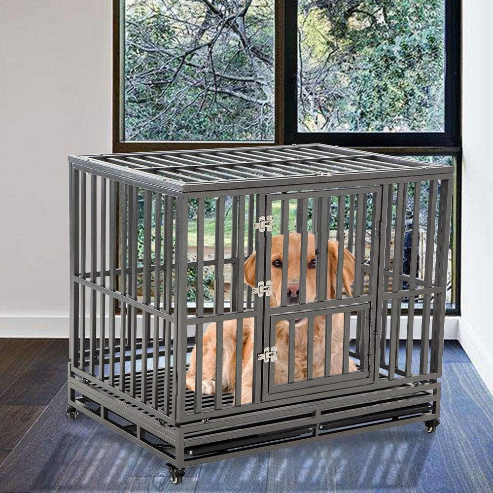 38 Heavy Duty Metal Dog Crate with Double Doors and Wheels, Black C9592