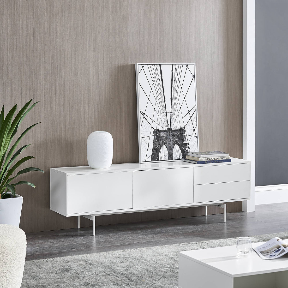 White TV Console with Soft-Close Doors O7647