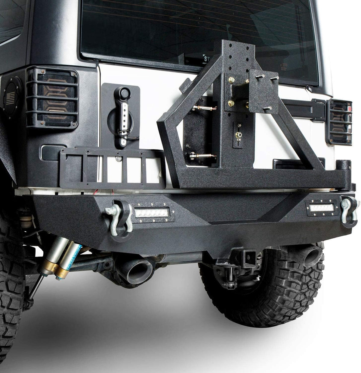 Front and Rear Bumpers with Tire Carrier & LED Light Bar & Hitch Receiver X16633