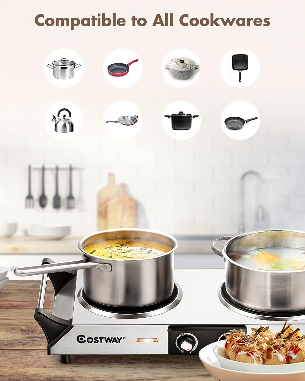 Silver Electric Double Burner Hot Plate with Handles V2034