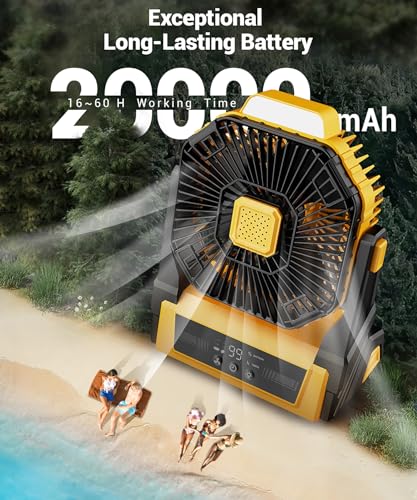 Portable Camping Fan with Lights, 20000mAh Rechargeable Battery, 3 Speeds, Black W8114