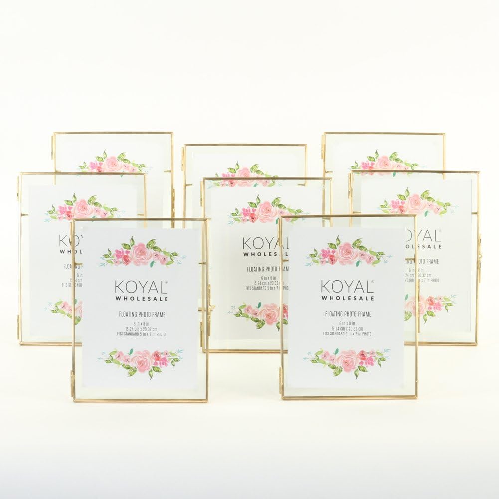 8-Pack Pressed Glass Floating Photo Frames 5 x 7 with Gold Stands X7827