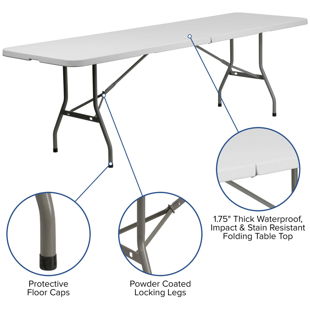 8-Foot Bi-Fold Granite White Plastic Folding Table with Carrying Handle I846