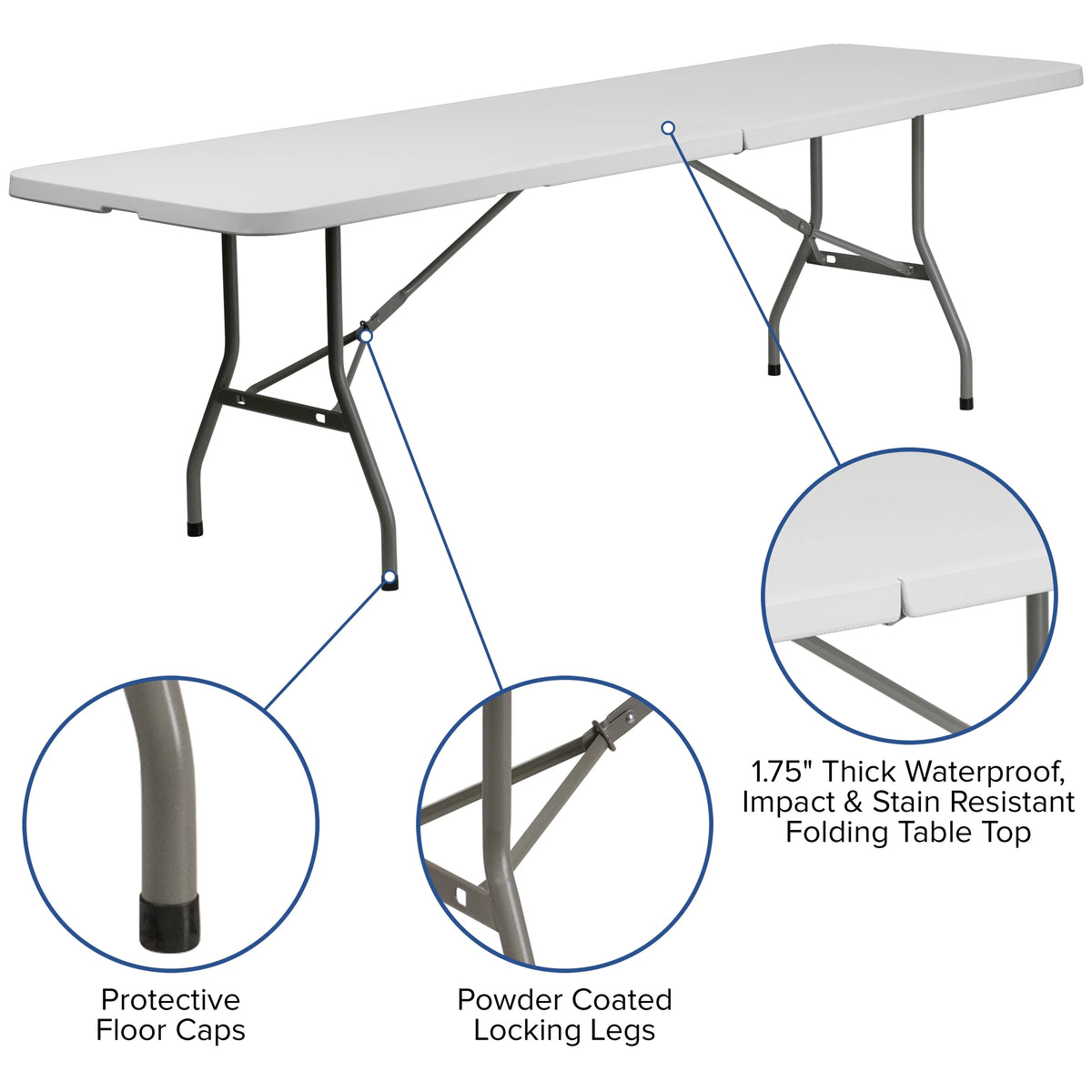 8-Foot Bi-Fold Granite White Plastic Folding Table with Carrying Handle I846