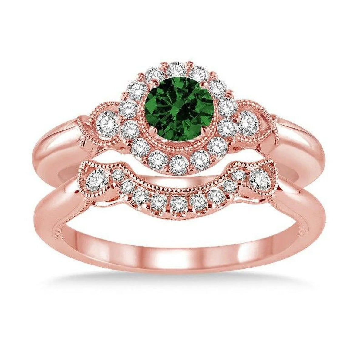 Emerald and Diamond Antique Three Stone Flower Halo Bridal Set in 14k Rose Gold L40669