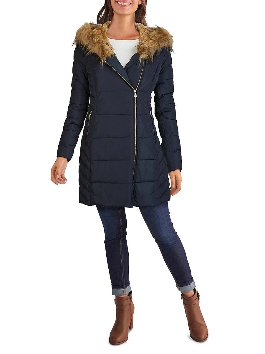 Navy Hooded Asymmetrical Down Puffer Coat N979960