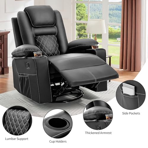 Black Faux Leather Swivel Rocker Recliner Chair with Massage & Heat P6253