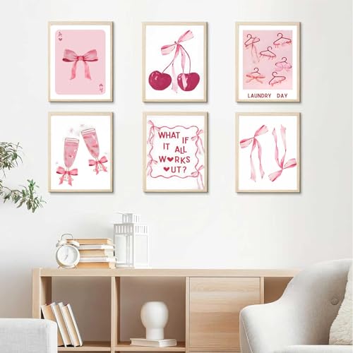 6 Pcs Pink Bows Wall Art, Light Pink Bow Canvas Prints, Unframed 8x10in Poster P316349