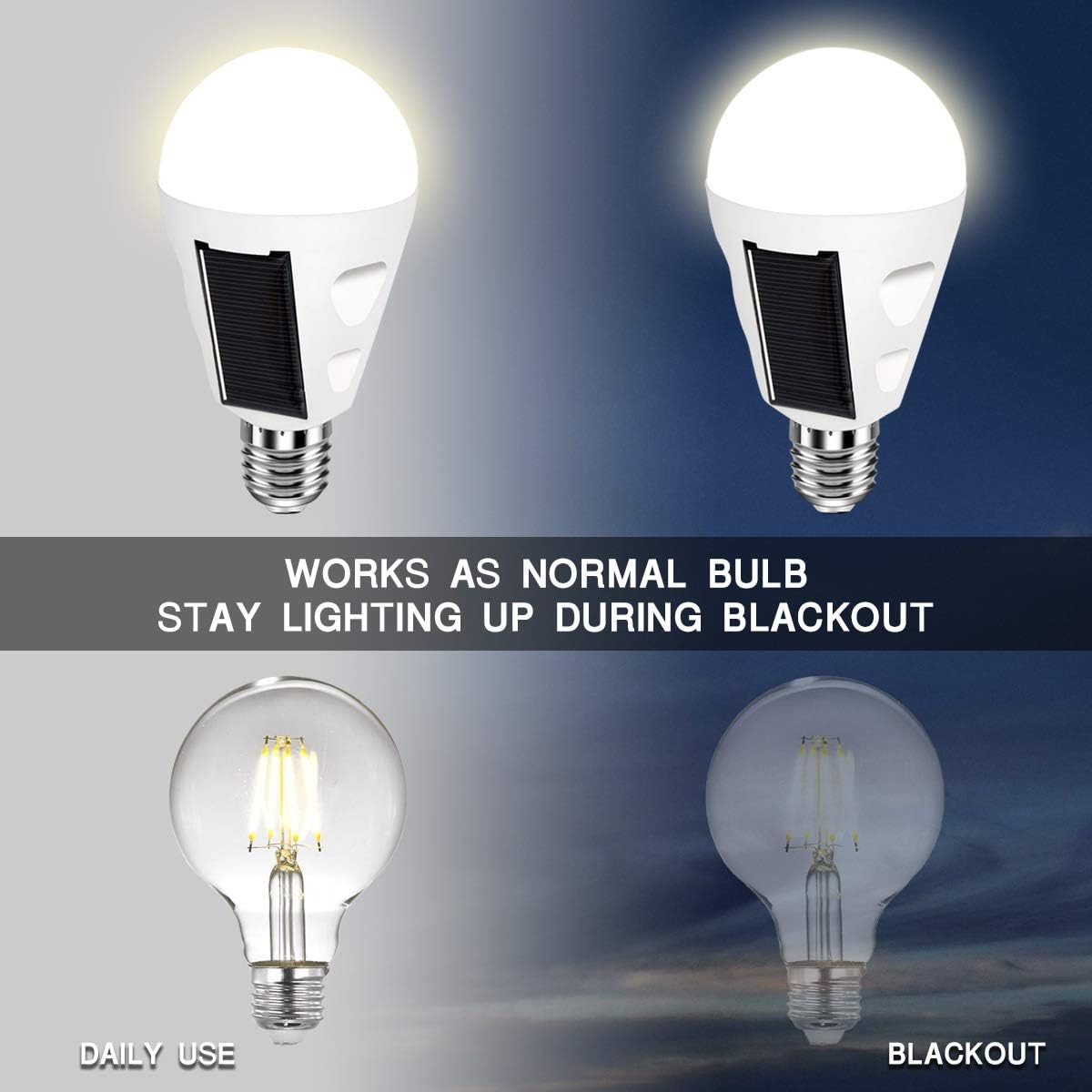 4 Pack LED Solar Rechargeable Emergency Light Bulbs, E26/E27 7W 6000k O618633