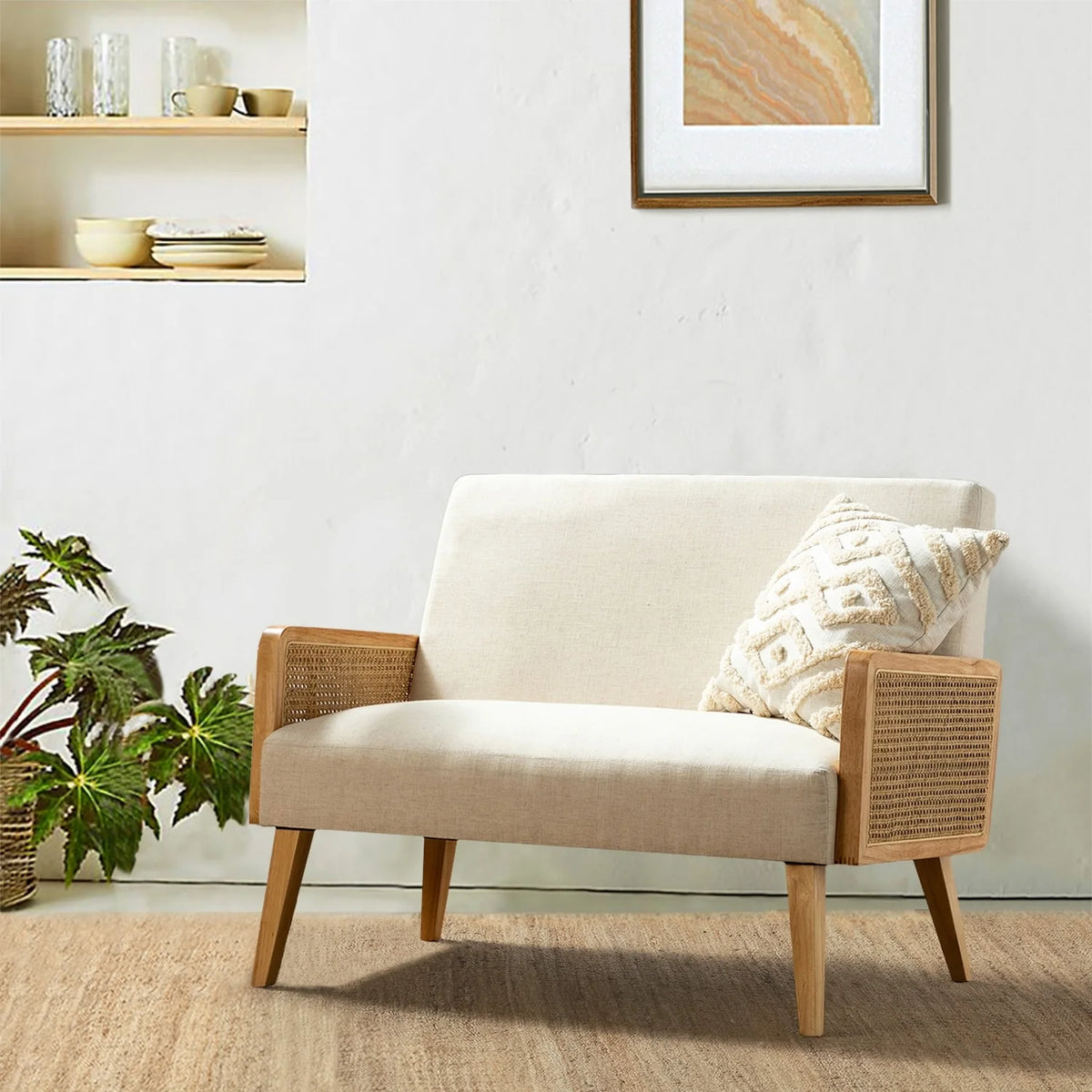 43" Solid Wood Upholstered Loveseat with Rattan Arms S8002