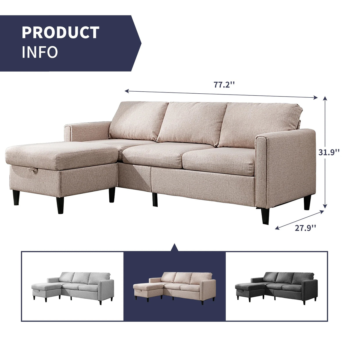 Beige L-Shape Convertible Sectional Sofa with Storage Ottoman I125364